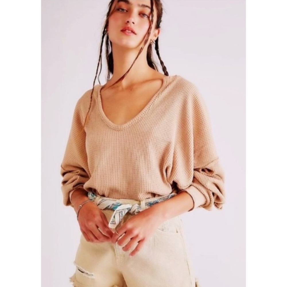 Free People We The Free Buttercup Thermal Top Windswept Leaves Oversized Small